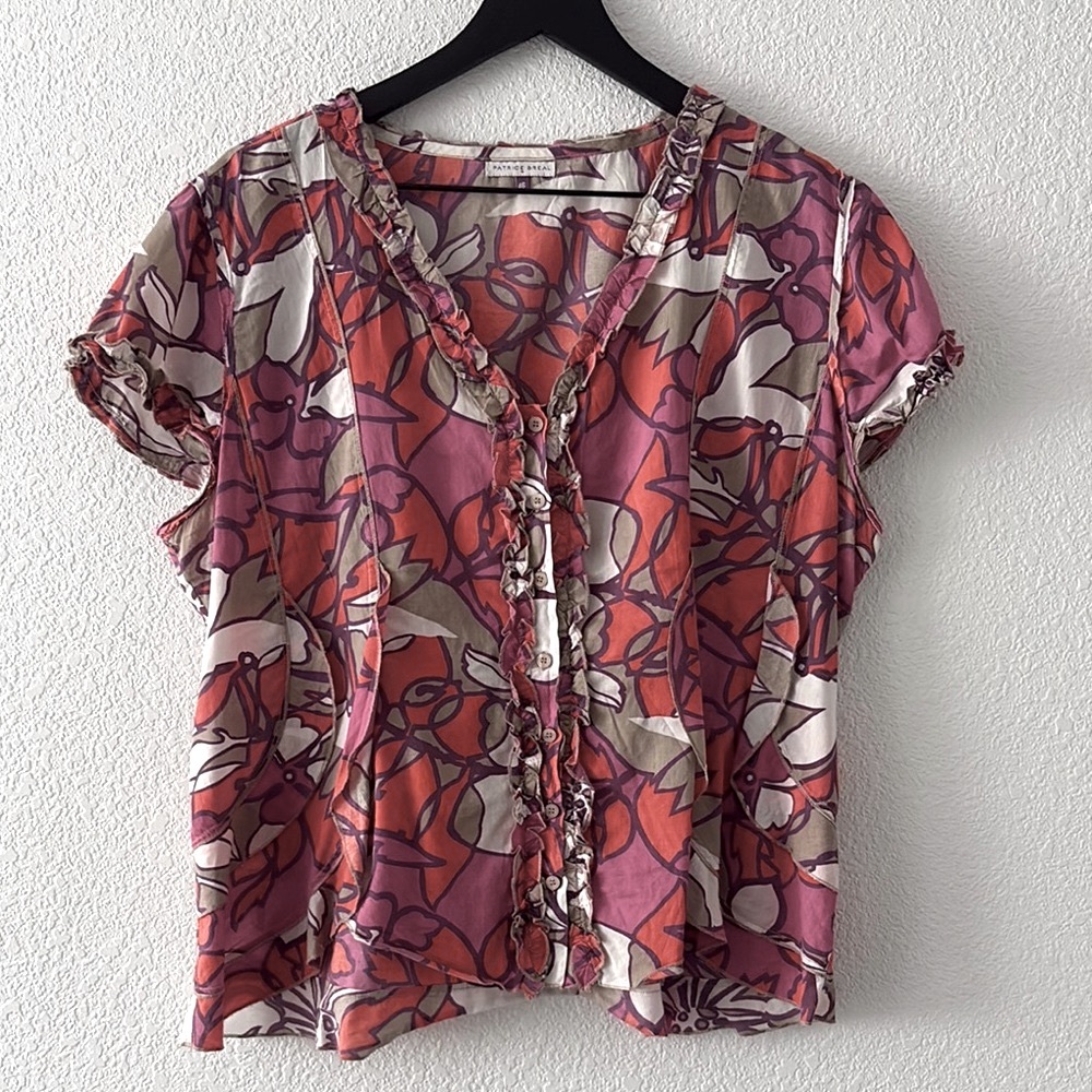 Patrice Breal Floral Ruffle Trim Blouse - Pink and Red - XL